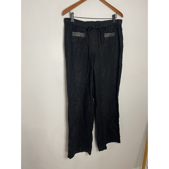 Style co Women's Medium Black Linen Elastic Waist Pants Rhinestone Pockets - Picture 3 of 7